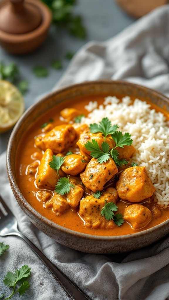 A bowl of chicken curry with coconut milk served with rice and garnished with cilantro.