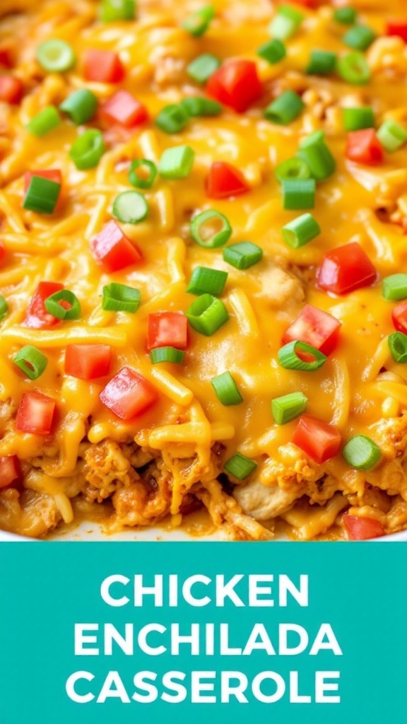 A delicious chicken enchilada casserole topped with cheese, tomatoes, and green onions