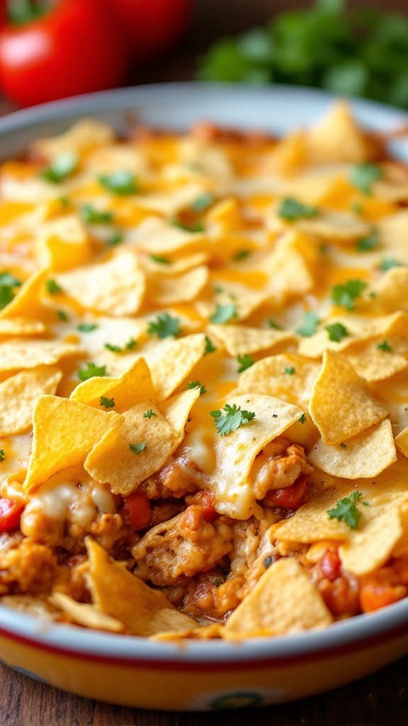 Chicken Fajita Casserole topped with tortilla chips and cilantro