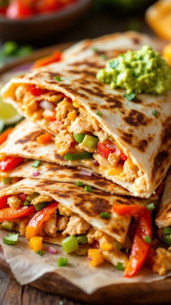 Delicious chicken fajita quesadillas with colorful peppers and guacamole