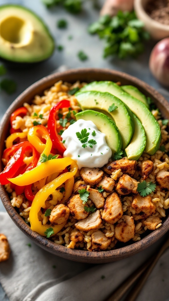 A colorful chicken fajita rice bowl with diced chicken, bell peppers, avocado, and sour cream.