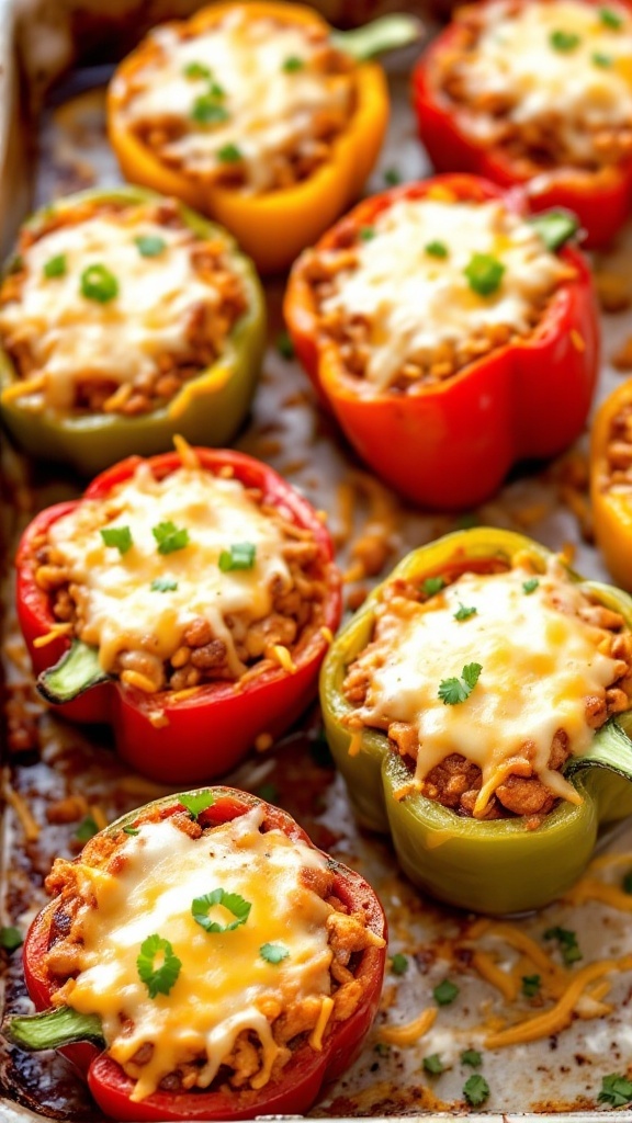 Colorful stuffed bell peppers filled with shredded chicken and cheese