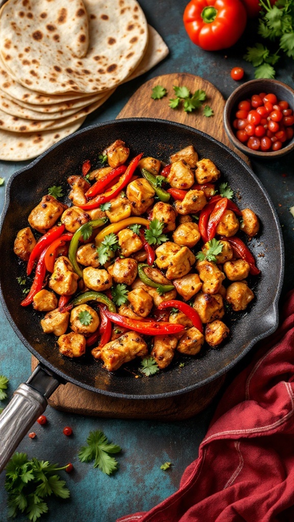 Delicious chicken fajitas with colorful bell peppers, served with tortillas.