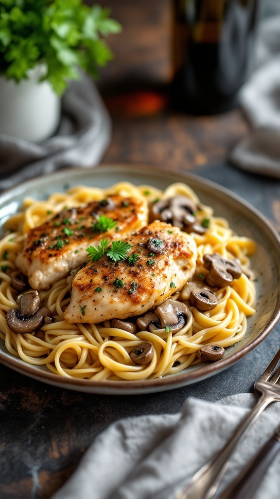 Plate of Chicken Marsala with Mushroom Pasta garnished with parsley