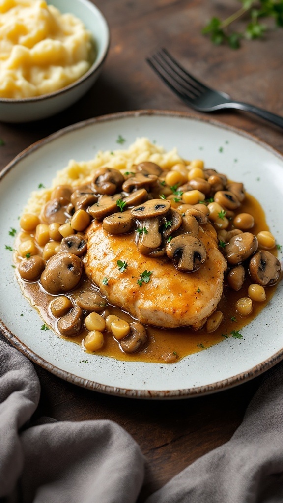 A plate of Chicken Marsala featuring sautéed mushrooms and a rich sauce, served with a side of creamy mashed potatoes.