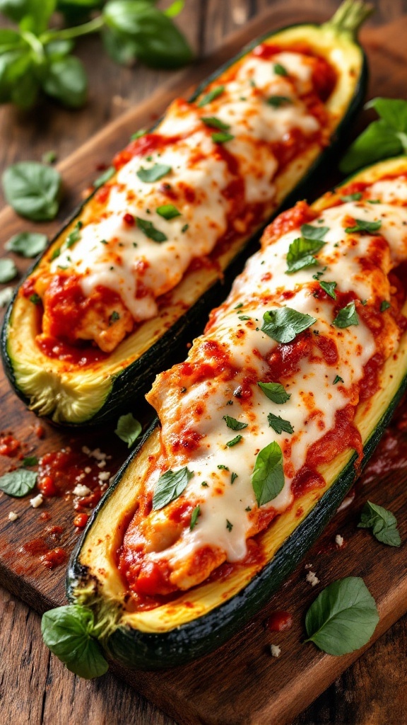 Chicken Parmesan Zucchini Boats topped with marinara and cheese