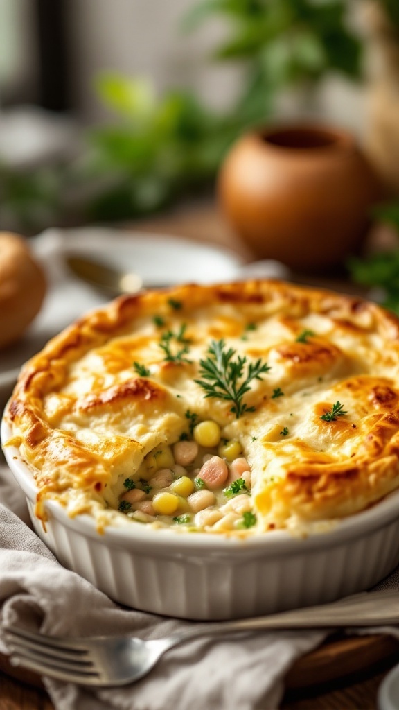 A delicious Chicken Pot Pie Casserole, golden and flaky on top, with visible chunks of chicken and vegetables.