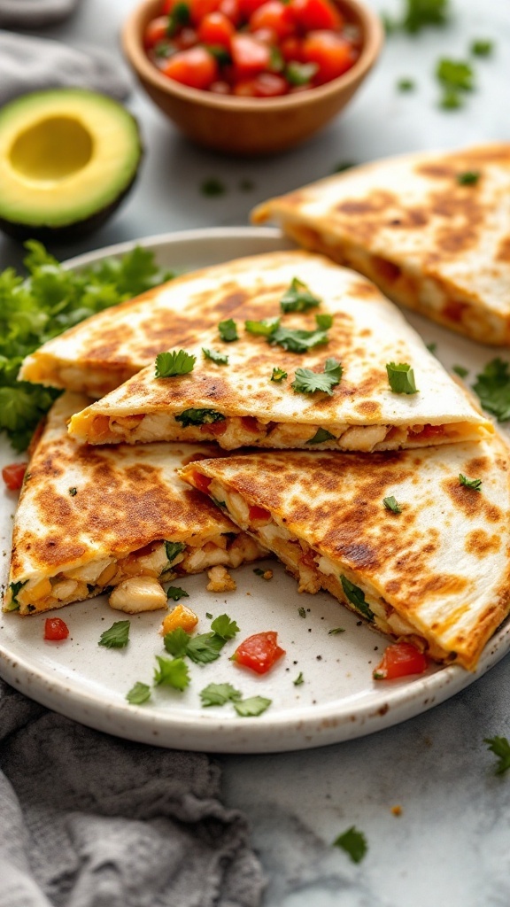 Delicious chicken quesadillas with salsa and fresh cilantro on a plate.