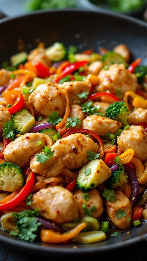 A vibrant chicken stir-fry with colorful vegetables in a skillet.