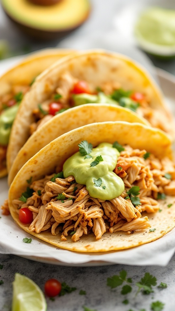 Delicious chicken tacos topped with avocado cream and fresh ingredients