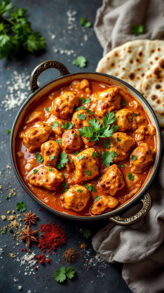 Crockpot Chicken Tikka Masala with tender chicken pieces in a creamy tomato sauce, garnished with cilantro.