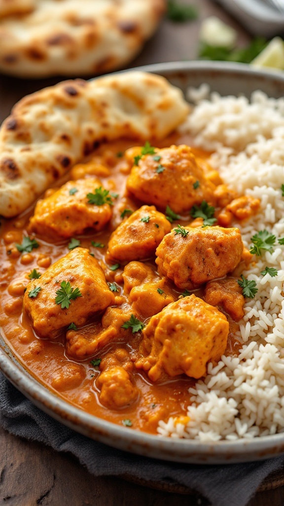 A plate of Chicken Tikka Masala served with rice and naan.