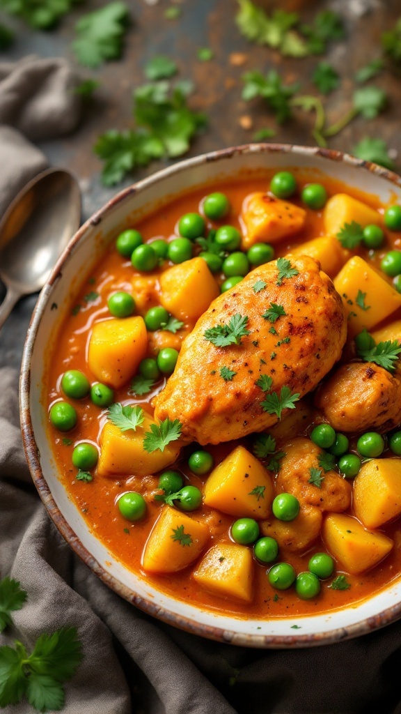 A bowl of Chicken Tikka Masala with peas and potatoes, garnished with cilantro.