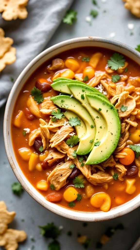 A bowl of hearty chicken tortilla soup topped with avocado slices and cilantro.