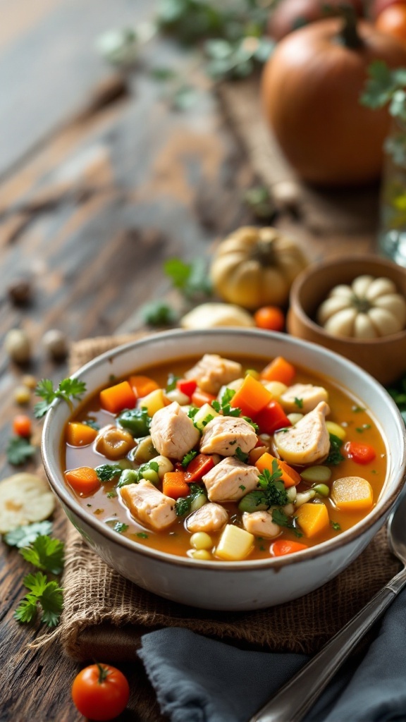 A bowl of chicken vegetable soup with colorful vegetables and pieces of chicken.