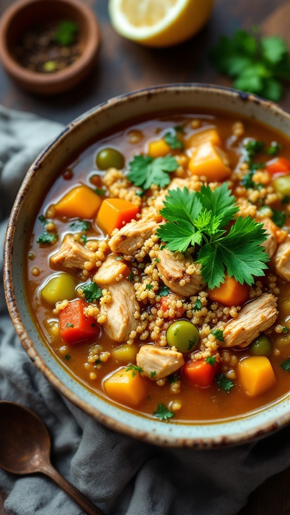 A bowl of chicken vegetable soup with quinoa, garnished with fresh herbs.