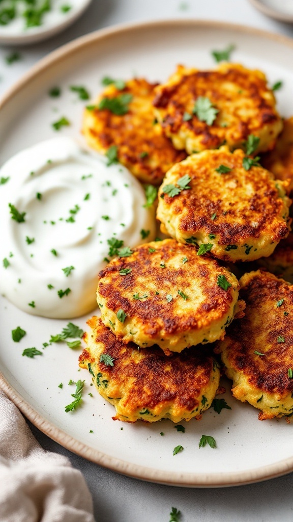 Delicious chicken and zucchini fritters served with yogurt sauce.