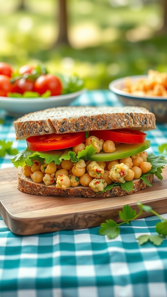 A chickpea salad sandwich with tomatoes, lettuce, and cucumber on whole grain bread.