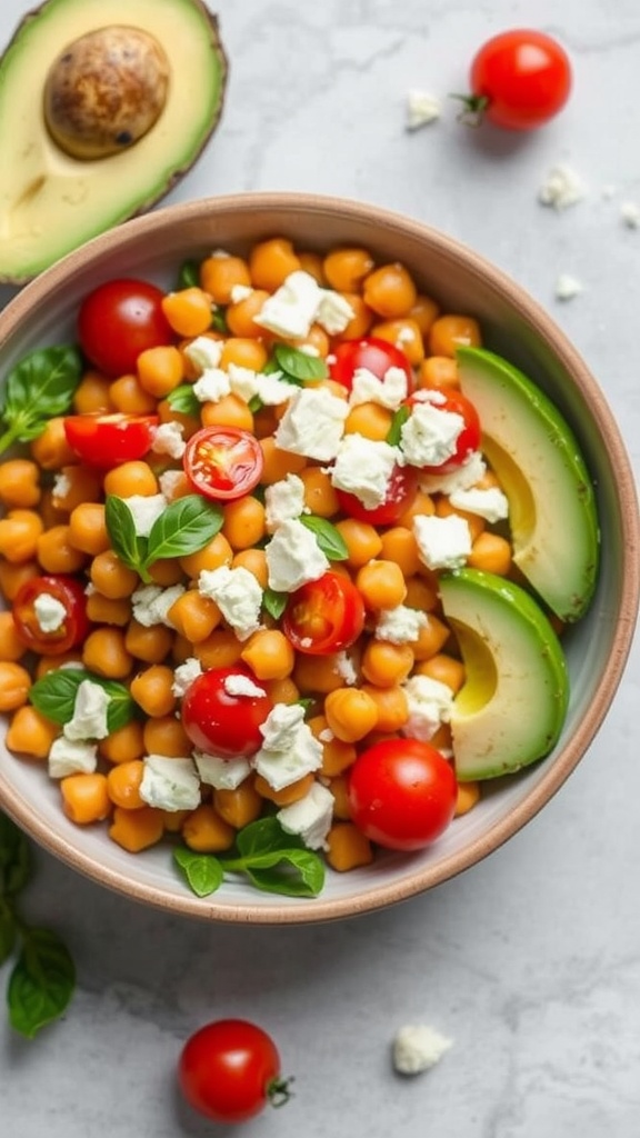 A bowl of chickpea salad with avocado, tomatoes, and feta cheese