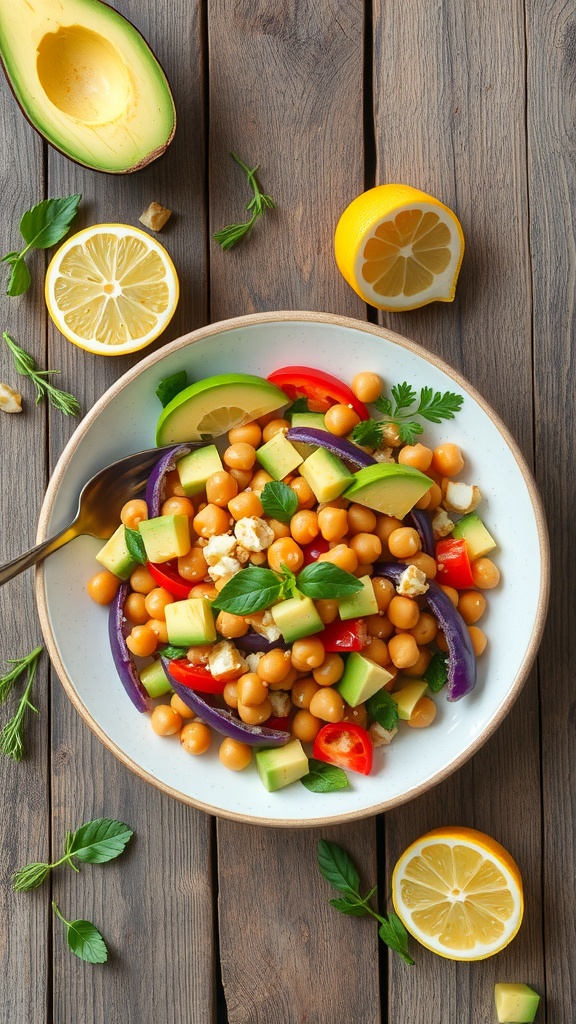 A vibrant chickpea salad with avocado, lemon, and colorful vegetables.