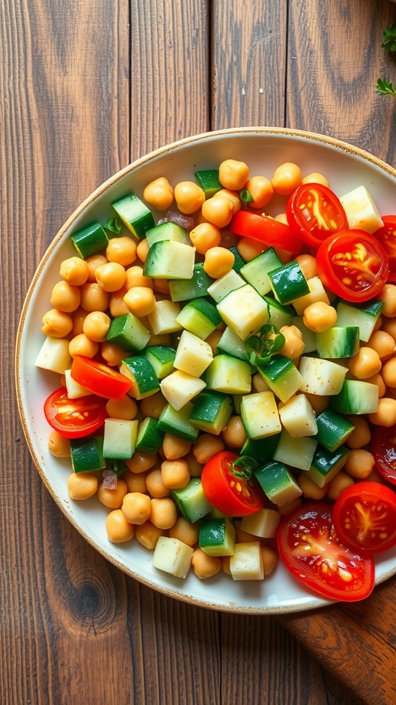 A vibrant chickpea salad with cucumber and cherry tomatoes on a wooden table.