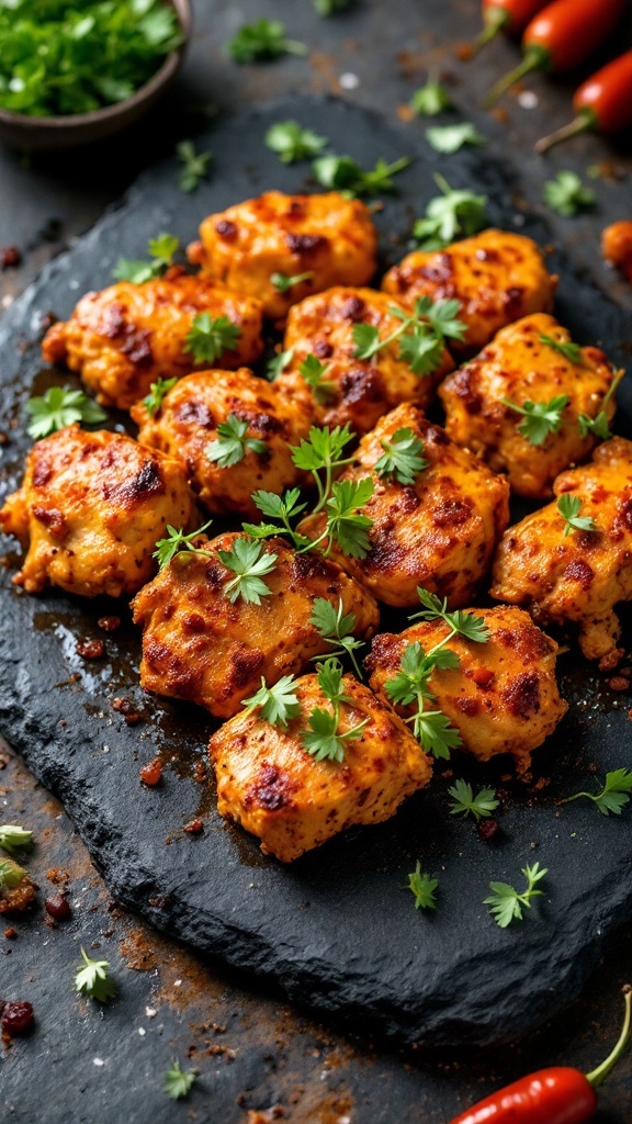 Chili Chicken Tikka on a serving platter garnished with coriander.