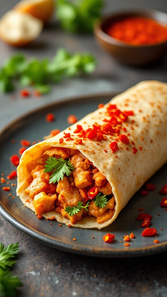 A delicious chili garlic chicken kathi roll garnished with fresh cilantro and chili flakes.