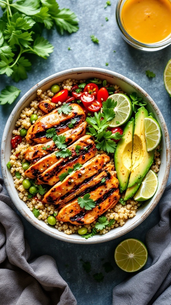 Chili Lime Chicken and Quinoa Bowl with fresh vegetables and avocado