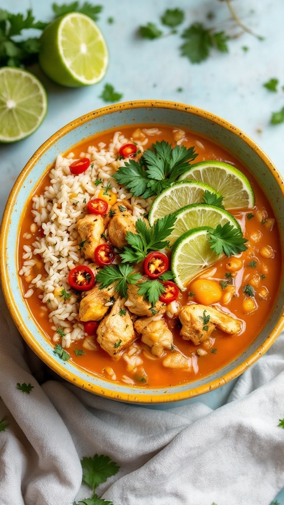 Bowl of chili lime chicken and rice soup topped with lime slices and cilantro