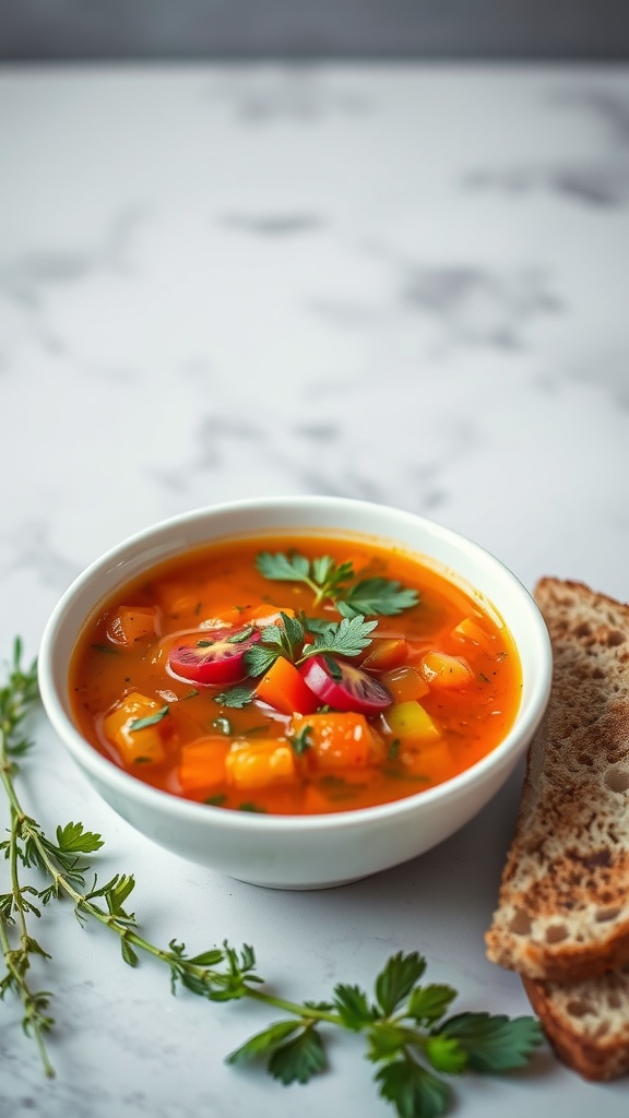 A bowl of chilled gazpacho soup with colorful vegetables and herbs, accompanied by slices of bread.