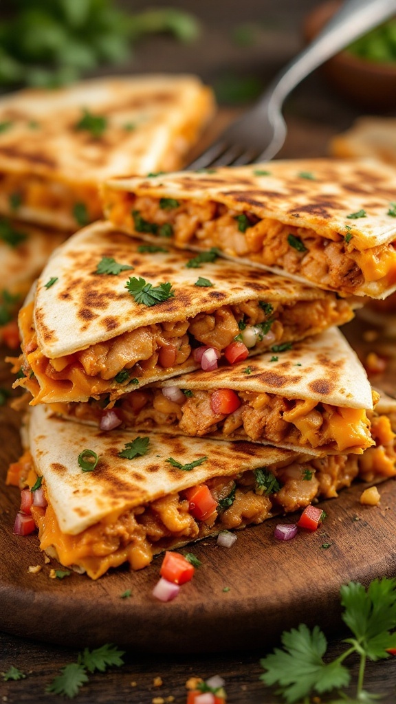 Delicious chipotle chicken and cheese quesadilla stacked and garnished with cilantro.