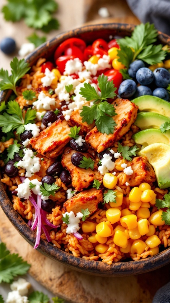 Delicious Chipotle Chicken and Rice Burrito Bowls with various toppings