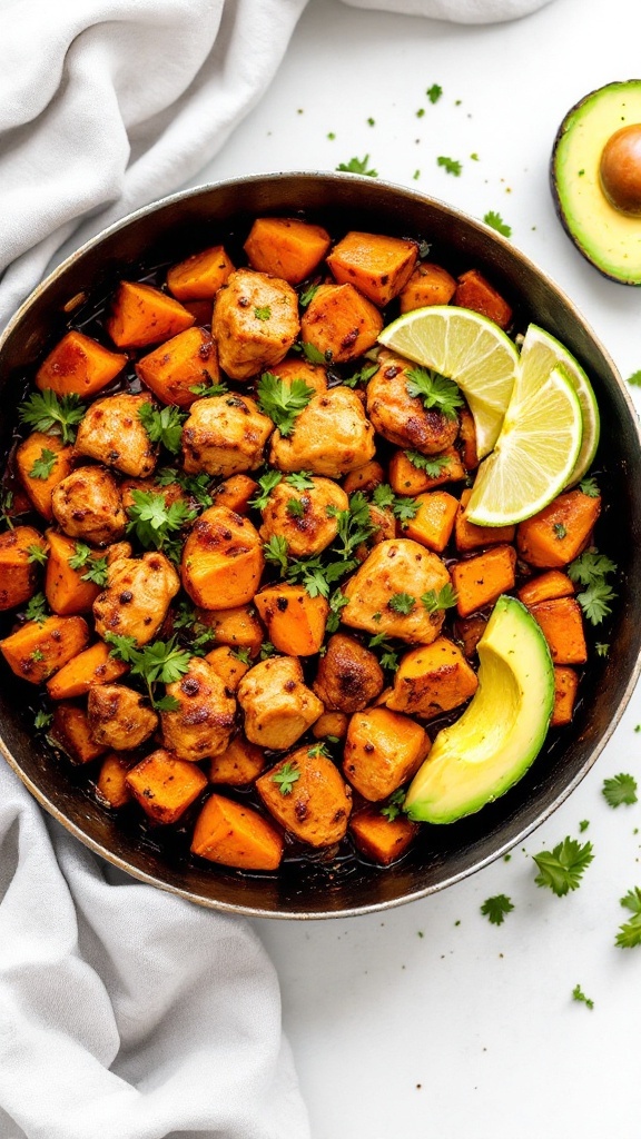 A delicious Chipotle Chicken and Sweet Potato Skillet served with lime and cilantro.