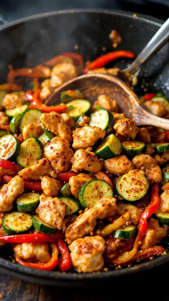 A colorful stir-fry featuring chicken, zucchini, and bell peppers.