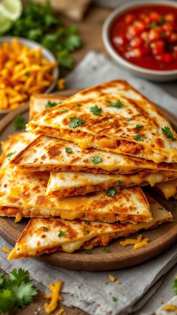 Delicious chipotle chicken quesadillas stacked on a wooden plate, garnished with cilantro.