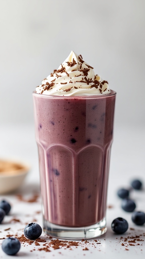 Delicious chocolate blueberry smoothie topped with whipped cream and chocolate shavings