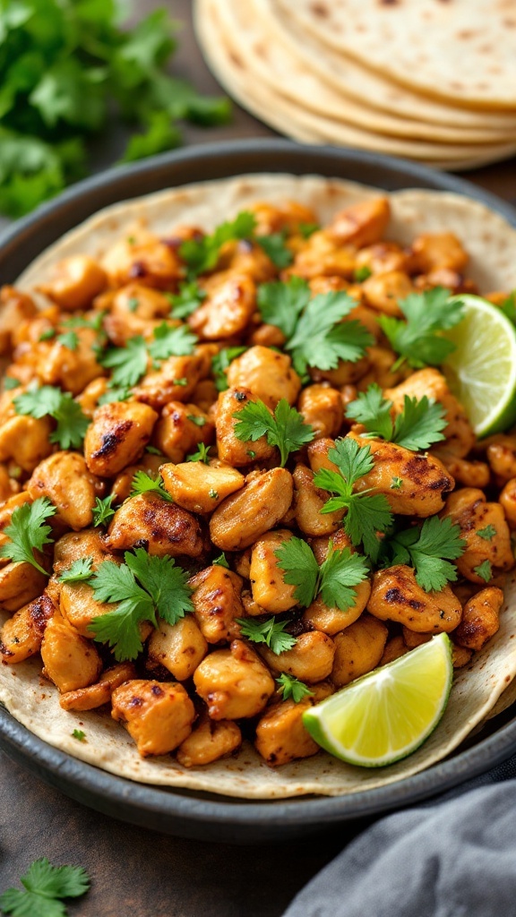 Cilantro-Lime Chicken Fajitas served with tortillas and garnished with lime and cilantro.