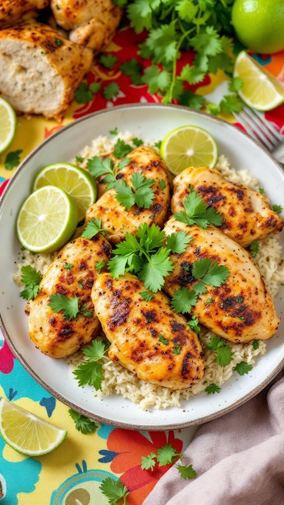 Plate of grilled cilantro lime chicken garnished with fresh cilantro and lime wedges.