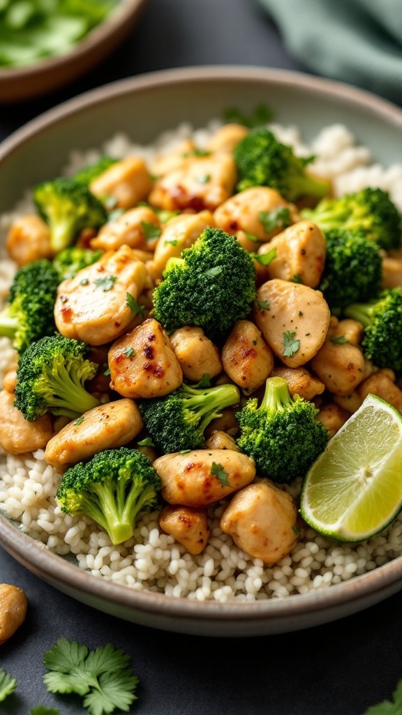 A vibrant dish of cilantro lime chicken and broccoli served over rice, garnished with lime slices.