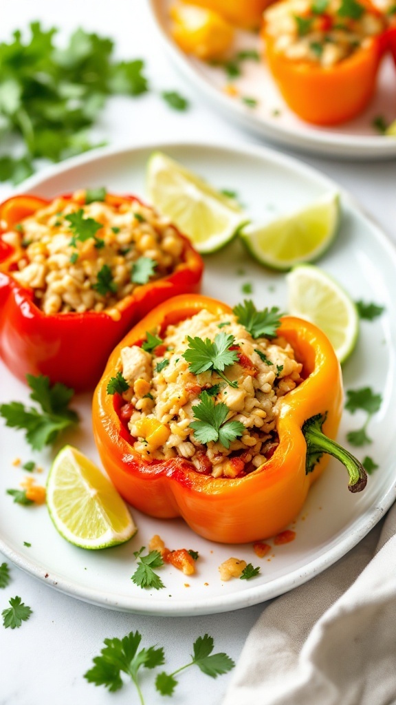 A plate of cilantro lime chicken and rice stuffed bell peppers with lime wedges and fresh cilantro