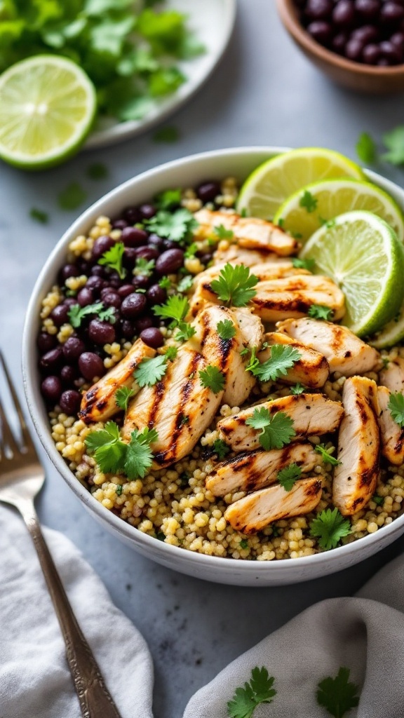 Cilantro Lime Chicken Quinoa Bowl with black beans and lime