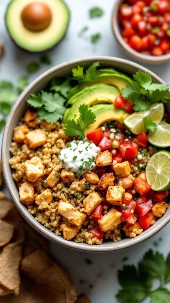 A vibrant cilantro lime chicken quinoa taco bowl with avocado, tomatoes, and lime.