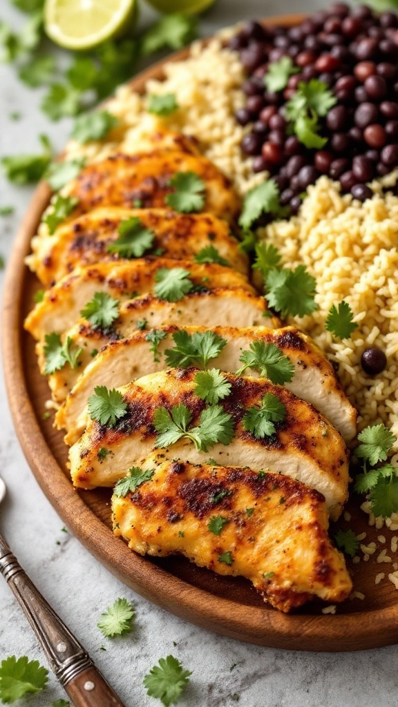 Cilantro lime chicken served with black beans and rice