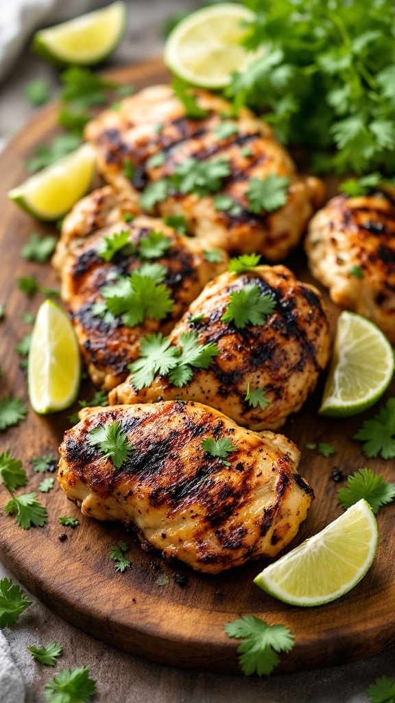 Grilled chicken thighs garnished with cilantro and lime wedges