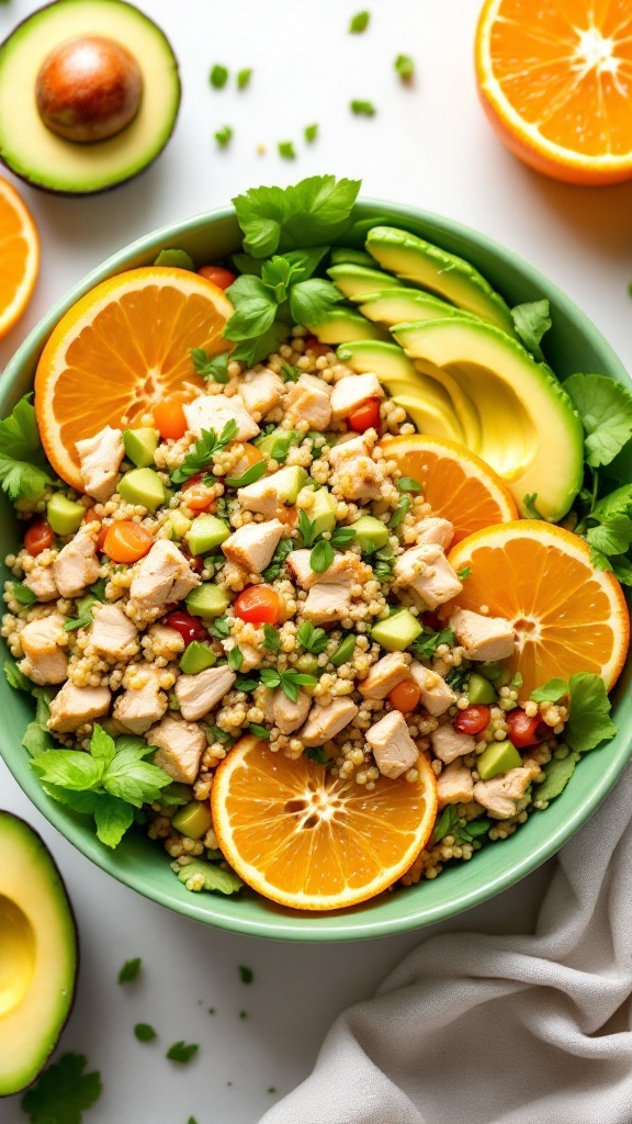 A vibrant bowl of Citrus Avocado Chicken Quinoa Salad with colorful ingredients.