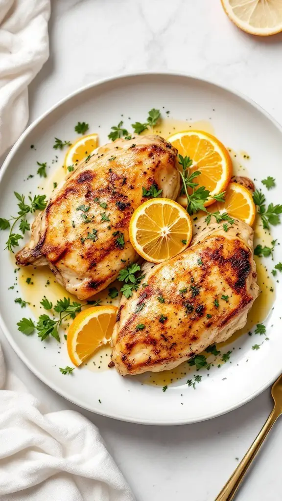 Delicious Citrus Herb Roasted Chicken Thighs with lemon and orange garnishes