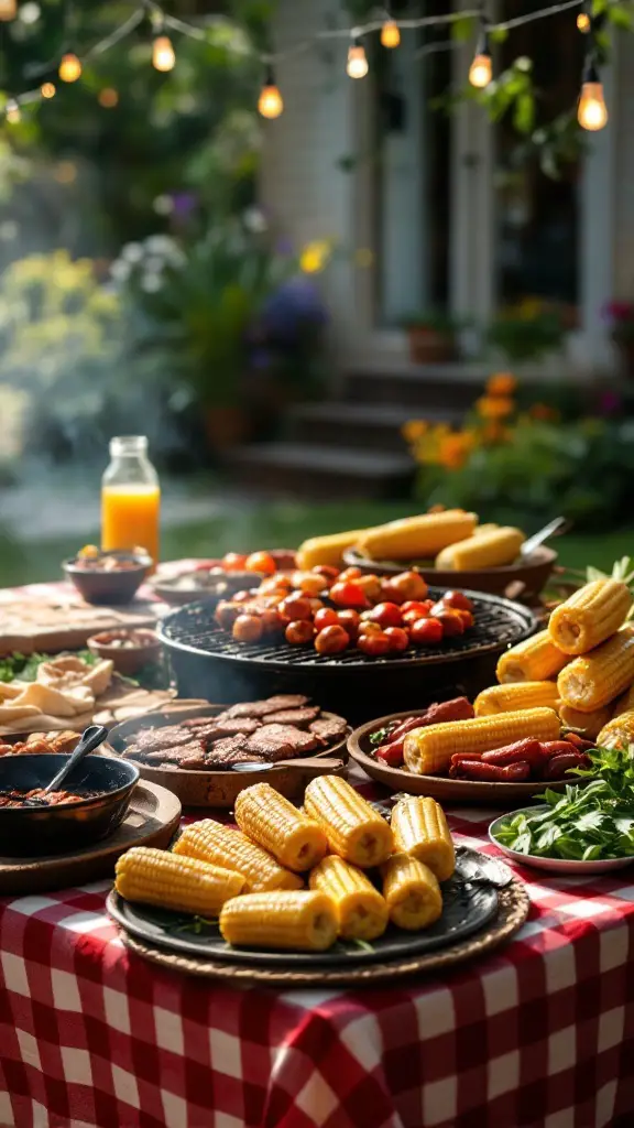 A beautiful outdoor BBQ spread with grilled meats, corn, and fresh vegetables.