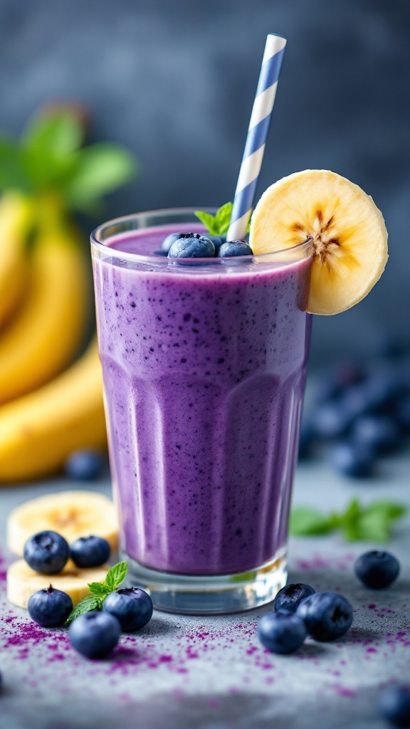 A classic blueberry banana smoothie in a glass with a blue and white straw, garnished with banana and blueberries.