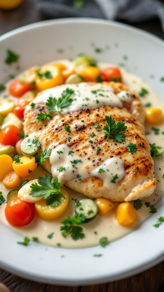 A plate of classic Chicken Ala King with creamy sauce and colorful vegetables.