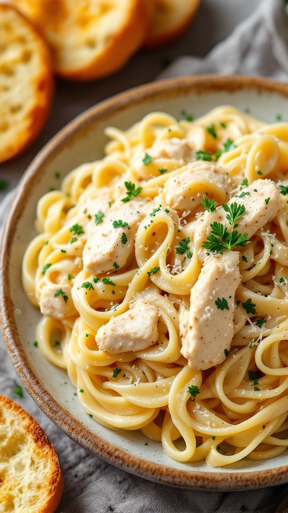 A plate of Classic Chicken Alfredo pasta garnished with parsley.